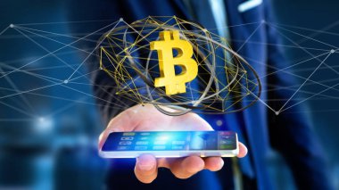 Bir ağ bağlantısı - 3d render uçan Bitcoin Kripto para birimi işaretiyle bir smartphone kullanarak bir işadamı görünümünü