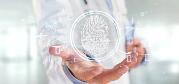 View Doctor Holding Digital Fingerprint Identification Binary Code Rendering — Stock Photo, Image