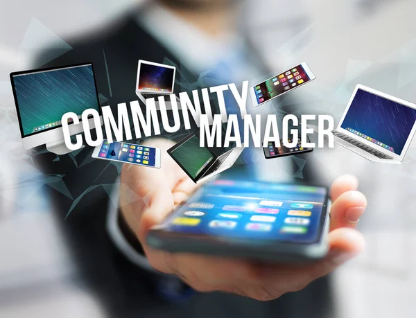 View of a Community manager title surounded by device like smartphone, tablet or laptop - Internet and communication concept