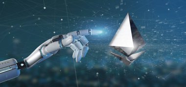 Bir ağ bağlantı - 3d render etrafında uçan bir Ethereum kripto para birimi işaret tutan bir Cyborg el görünümünü