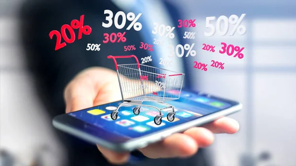 View Businessman Using Smartphone Red White Trolley Sales Discount Render — Stock Photo, Image