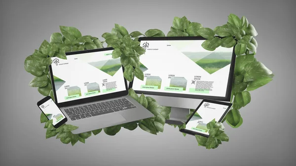 View of Connected devices surrounding by leaves 3d rendering