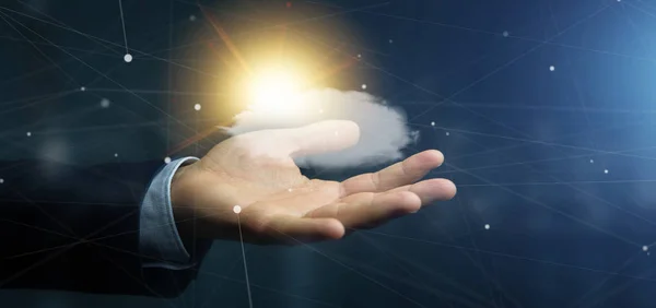 View Businessman Holding Weather Forecast Sun Cloud Rendering — Stock Photo, Image