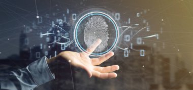 Bir dijital parmak izi tanımlama ve ikili kod 3d render tutan bir işadamı görünümünü