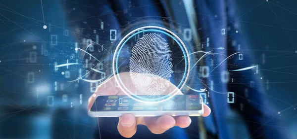 View Businessman Holding Digital Fingerprint Identification Binary Code Rendering — Stock Photo, Image