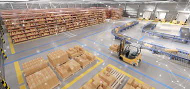 Bir bağlantı üzerinden bir ambar mal stok arka plan 3d render görünümünü