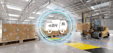 Bir ambar arka plan 3d render hızlı teslim sistemi kavramının görünüm