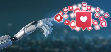 Bir sosyal medya 3d render gibi bir bildirim tutan bir Cyborg el görünümünü