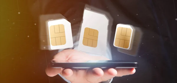 View Businessman Holding Different Size Smartphone Sim Card Rendering — Stock Photo, Image