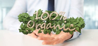 Ahşap bir logo % 100 organik 3d render etrafında yapraklarla tutan bir işadamı görünümünü
