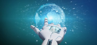 Bir bağlantı bir dünya küre 3d render etrafında tutan bir Cyborg el görünümünü