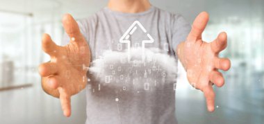 İkili bir bulutla tutan bir işadamı görünümünü yüklemek Internet ok 3d render