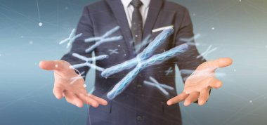 Bir işadamı grubuyla Dna içinde kromozom tutan görünümünü bir arka plan üzerinde 3d render izole