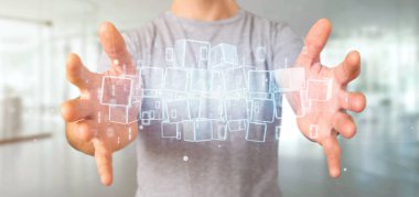 Blockchain küp ve ikili veri 3d render bulutu tutan bir işadamı görünümünü