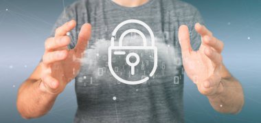 İkili bir bulut ile Internet security asma kilit 3d render tutan bir işadamı görünümünü