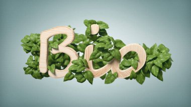 Yaprakları etrafında 3d render ile bir ahşap logo bio görünümünü