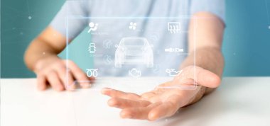 Bir pano smartcar arabirimi Pano 3d render tutan bir adam görünümü