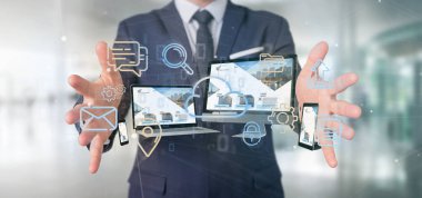 Bir aygıt tutan bir işadamı görünümünü bulut multimedya ağa 3d işleme bağlı