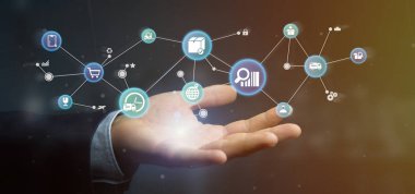 Görünüm simgesi ve bağlantı 3d render ile bir lojistik organizasyon tutan işadamı