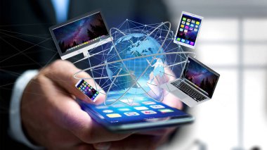Bir bilgisayar ve uluslararası ağ - 3d render ile bir smartphone arabiriminde gösterilen aygıtlar tutan bir işadamı görünümünü