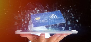 Temassız kredi kartı ödeme kavramı 3d render tutan bir adam görünümü