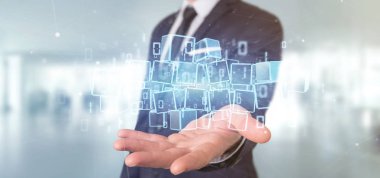 Blockchain küp ve ikili veri 3d render bulutu tutan bir işadamı görünümünü
