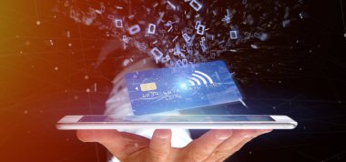 Temassız kredi kartı ödeme kavramı 3d render tutan bir adam görünümü