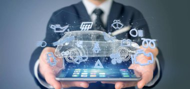 Smartcar simgesi bir otomobil 3d render etrafında tutan bir adam görünümü