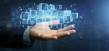 Blockchain küp ve ikili veri 3d render bulutu tutan bir işadamı görünümünü
