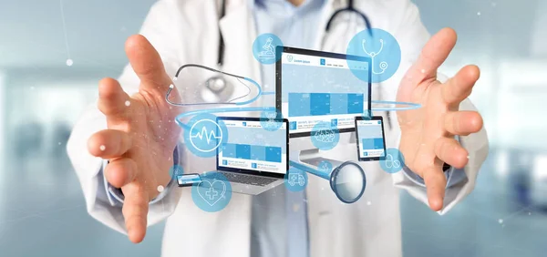 Cihazlar Tıbbi simgesi ve stetoskop 3d rendering ile tutarak bir doktor görünümünü