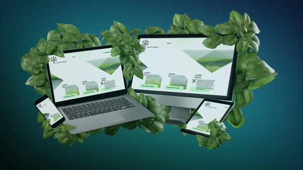 View of Connected devices surrounding by leaves 3d rendering