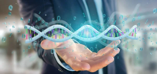 View Businessman Holding Rendering Data Coded Dna Binary File — Stock Photo, Image