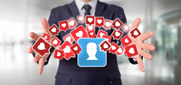 Vista Empresário Segurando Como Notificação Contato Uma Renderização Mídia Social — Fotografia de Stock
