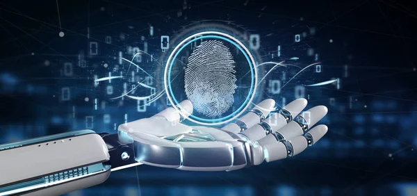 View of a Cyborg holding a Digital fingerprint identification and binary code 3d rendering