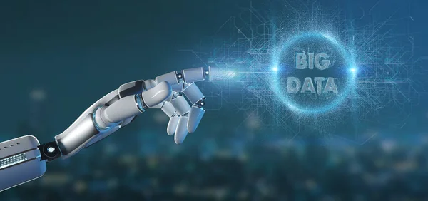 View of a Cyborg hand holding a Big data title 3d rendering