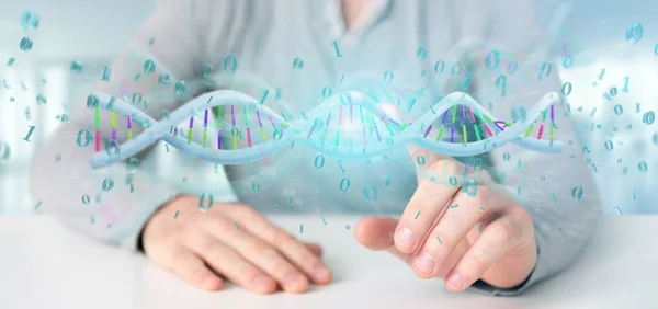 View Man Holding Rendering Data Coded Dna Binary File — Stock Photo, Image