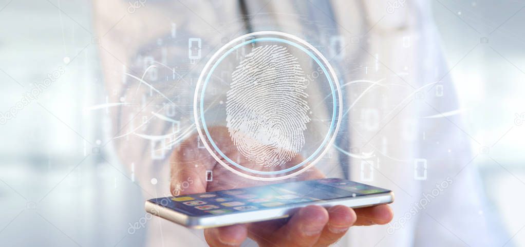 View of a Doctor holding a Digital fingerprint identification and binary code 3d rendering