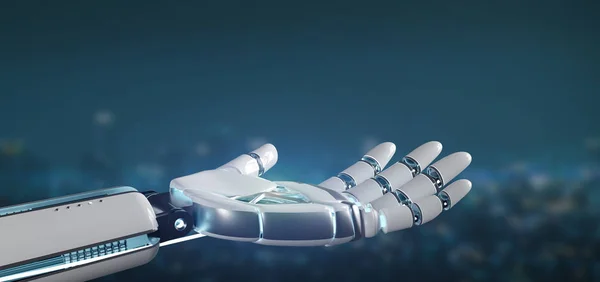Lihat Tangan Robot Cyborg Pada Latar Belakang Kota Rendering — Stok Foto