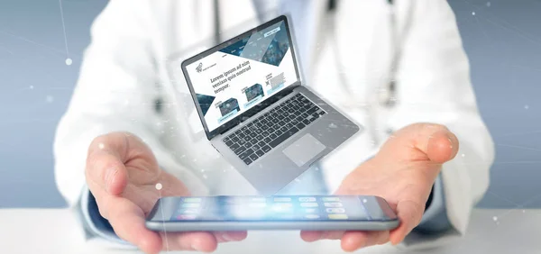 Läkare Som Innehar Laptop Med Business Webbplats Mall Skärmen Isolerad — Stockfoto