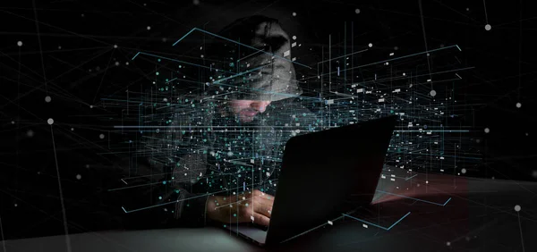 View of a Hacker Man holding Data binary cloud 3d rendering