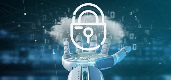 View Cyborg Holding Binary Cloud Internet Security Padlock Rendering — Stock Photo, Image