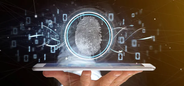 View of a Businessman holding a Digital fingerprint identification and binary code 3d rendering