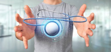 Sağlık stetoskop oluşturma 3d tutan bir işadamı görünümünü