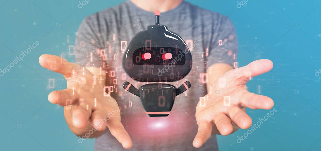 View of Businessman holding Virus chatbot with binary code 3d rendering