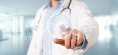 Bir dijital parmak izi tanımlama ve ikili kod 3d render tutan bir doktor görünümünü