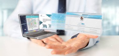 Bir laptop ekran 3d render dışarı olacak bir Web sitesi uygulama tutan bir işadamı görünümünü