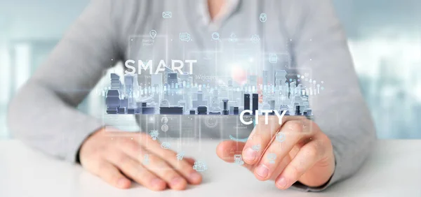 Ansicht Des Geschäftsmannes Mit Smart City Benutzeroberfläche Mit Icon Statistiken — Stockfoto