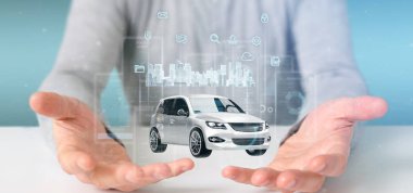 Pano smartcar arayüzü ile çoklu ortam simgesi ve şehir harita 3d render bir arka plan üzerinde tutan işadamı görünümünü