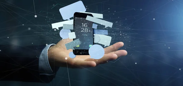 Вид Предпринимателя Держащего Пузыри Сообщений Окружающие Рендеринг Смартфона — стоковое фото