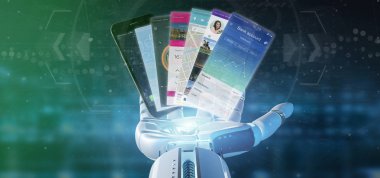 Mobil uygulama şablon bir akıllı telefon 3d render tutan Cyborg el görünümünü 